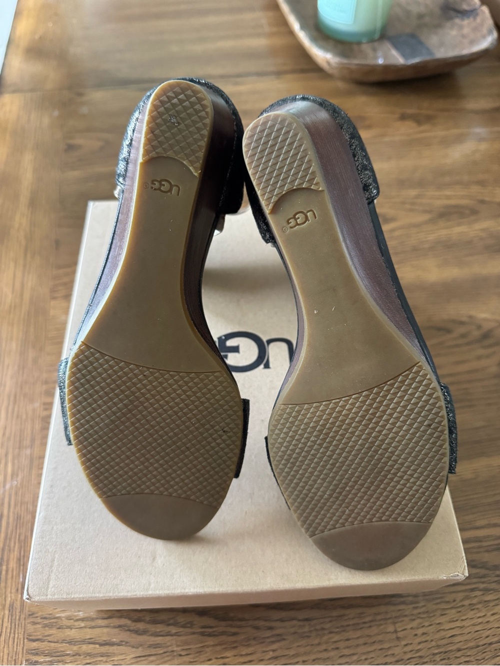 UGG Char Black Shimmer Leather Wedge Ankle Strap Sandals, Sz 7 - NWT & Box - Picture 8 of 13